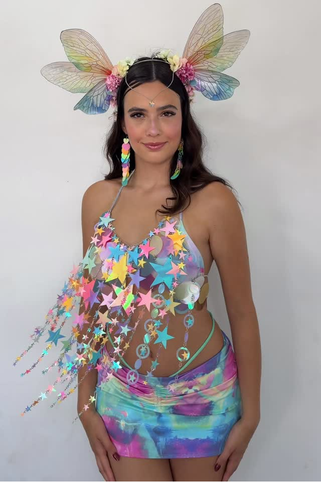 Conjunto Fada Brilhante – Cropped + Saia + Tiara + Brincos [Carnaval 2026]